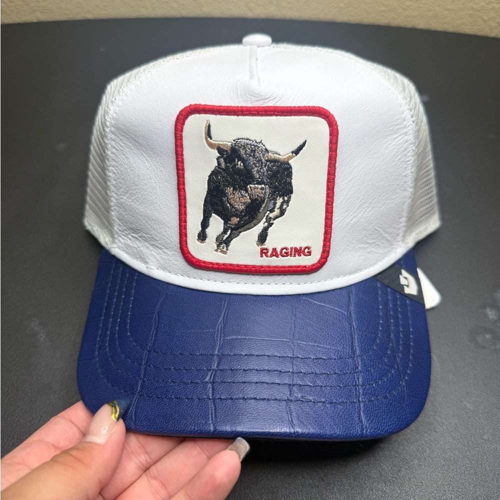 Goorin Bros The Farm Raging Bull Trucker Hat White Blue Textured brim